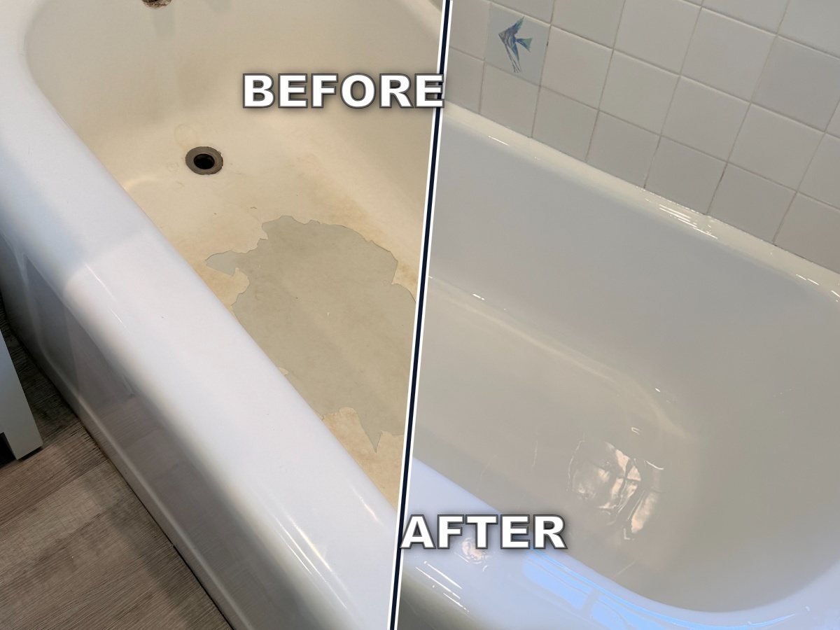 Before-and-after comparison of the bathtub at Foothill Road